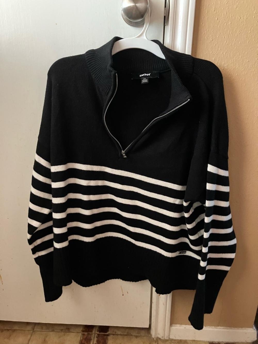 DKNY black and white striped 3/4 zip knitted sweater, medium